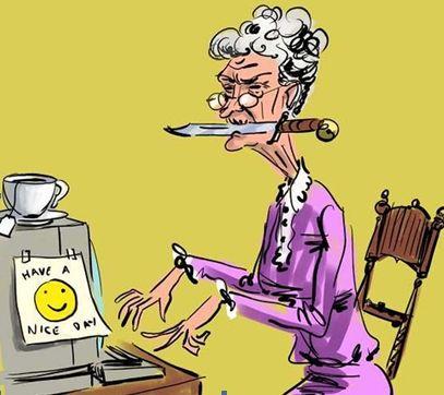 Drawing of an old women at a computer holding a knife in her mouth