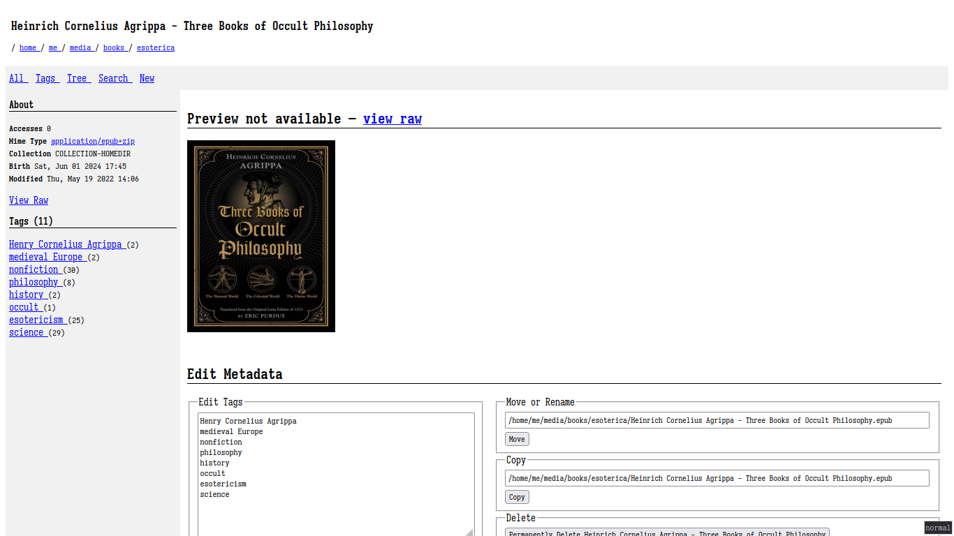 Web view showing an epub file's metadata